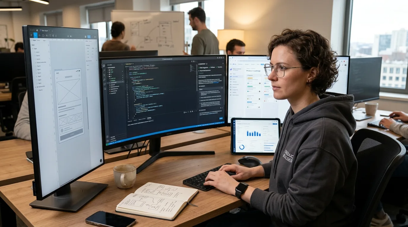 A software engineer working across product, design, and code with AI-assisted development tools, representing the converged Product Builder role.
